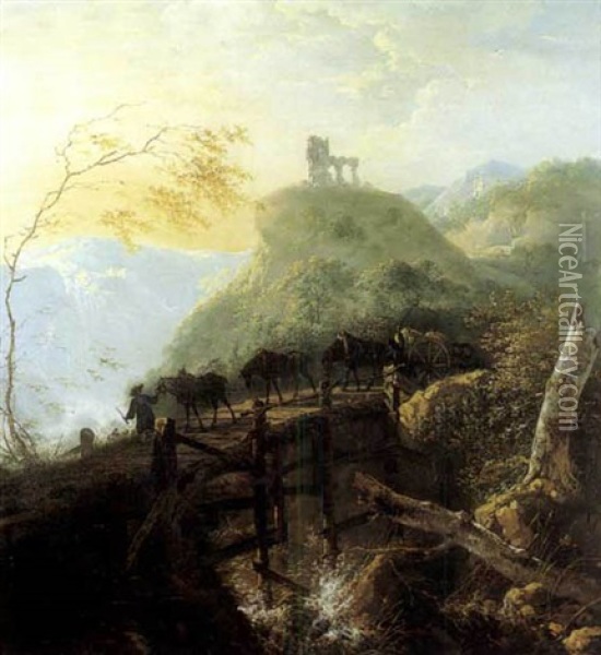 Voyageurs Traversant Un Pont Dans Un Paysage De Riviere Oil Painting - Adam Pynacker