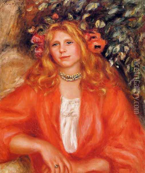 Young Woman Wearing A Garland Of Flowers Oil Painting - Pierre Auguste Renoir