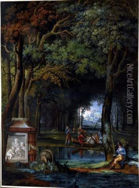 Scene De Parc Animee Gouache, Porteun Cartouche 42 X 32,5 A Vue Oil Painting - Martheus Derk Knip