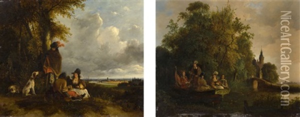 Gegenstucke: Rastende In Einer Landschaft / Ruderpartie Oil Painting - Lodewijk Johannes Kleyn