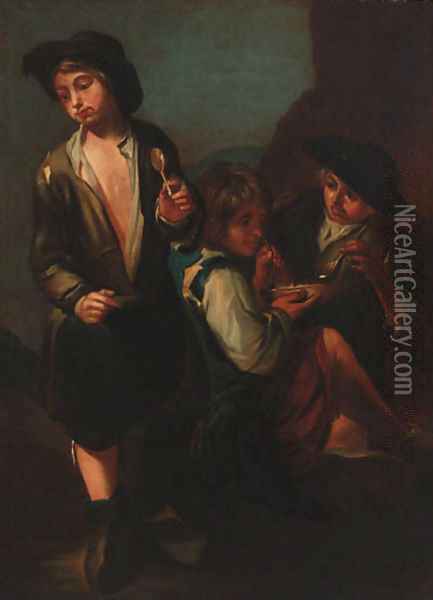 Boys drinking soup in a landscape Oil Painting - Giacomo Francesco Cipper