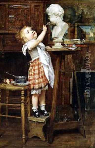 Young Girl Feeding a Statue Oil Painting - Timoleon Marie Lobrichon