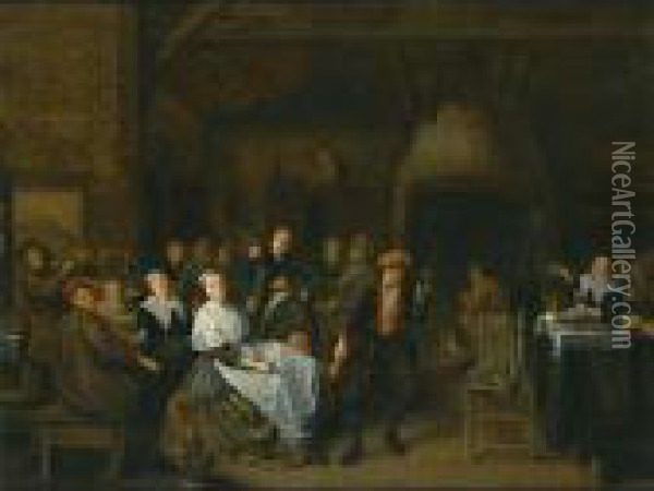 Peasants In An Inn Drinking, Eating And Playing Music, With A Couple Playing Slap Feet Oil Painting - Jan Miense Molenaer