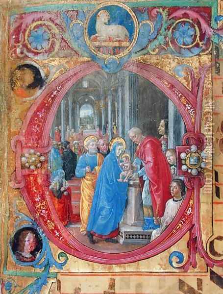 Corale B 26 c.113r Historiated initial C depicting the Presentation in the Temple, with a portrait of Lorenzo the Magnificent 1449-92 by a column on the right hand side 2 Oil Painting - di Baldassare (Frate Eustachio) Tommaso