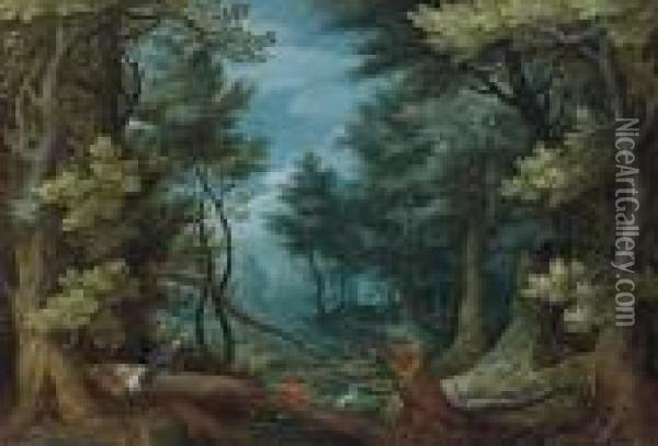 A Forest Landscape With Hunters Giving Chase To A Stag Oil Painting - Jan Brueghel the Younger