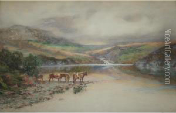 Cattle By A Lake, North Wales Oil Painting - W.Joseph Wadham