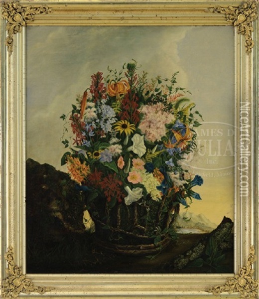 Still Life Of A Basket Of Flowers In A Landscape Oil Painting - Adelheid Dietrich