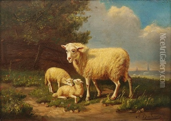 In Sommerlicher Landschaft Schaf Mit Zwei Lammern Oil Painting - Auguste (Francois Auguste) Bonheur