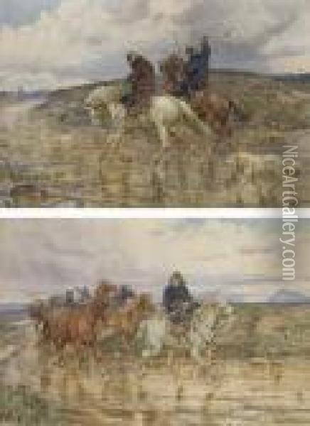 Deux Cavaliers A Cheval Avec Un 
Chien; Et Deux Cavaliers Convoyantdes Chevaux Dans La Campagne Oil Painting - Enrico Coleman