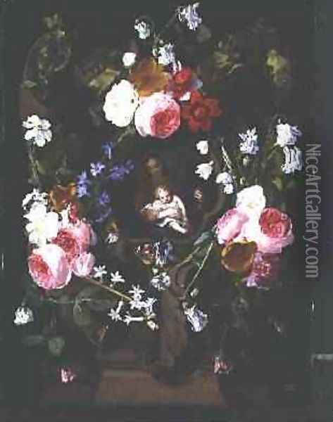 Madonna and Child Surrounded by a Garland of Flowers Oil Painting - Christian Luycks