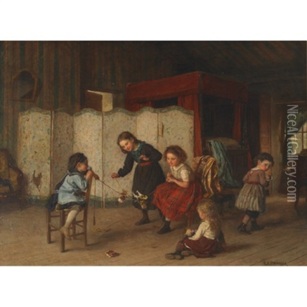 Young Children At Play Oil Painting - Theophile Emmanuel Duverger