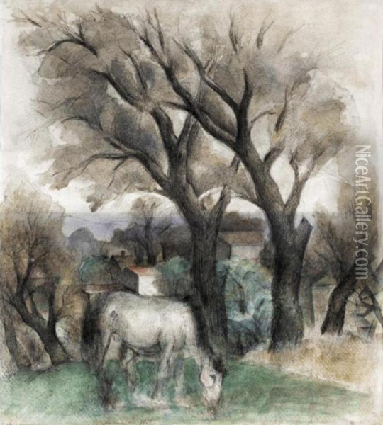 Horse Grazing By A Tree Oil Painting - Simkha Simkhovitch