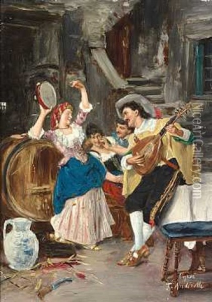 Kroscene Med Mandolinspillende Herre Og Dansende Ung Kvinde Oil Painting - Federico Andreotti
