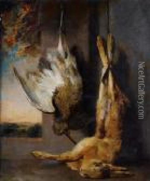 A Dead Hare And Pheasant Hanging Before Astone Ledge, A Landscape Beyond Oil Painting - Stephen Elmer