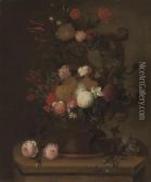 Chrysanthemums, Carnations, Roses, A Tulip And Other Flowers In An Urn, On A Plinth Oil Painting - Pieter III Casteels