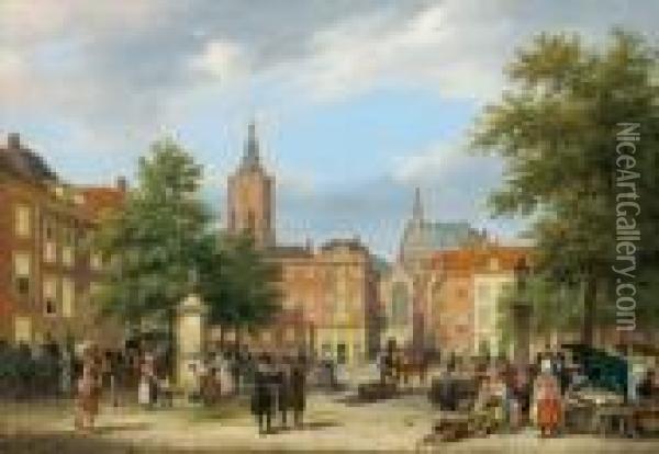 Il Grande Mercato Con Schoolstraat E Grote Toren O Jacobskerk Oil Painting - Guiseppe Canella
