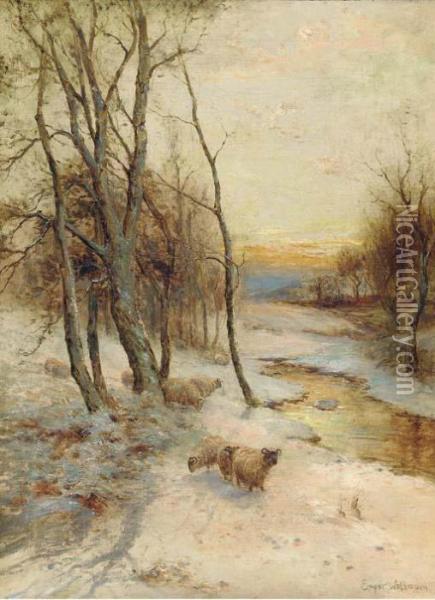 Sheep In A Winter Landscape, Evening Oil Painting - Ernst Walbourn