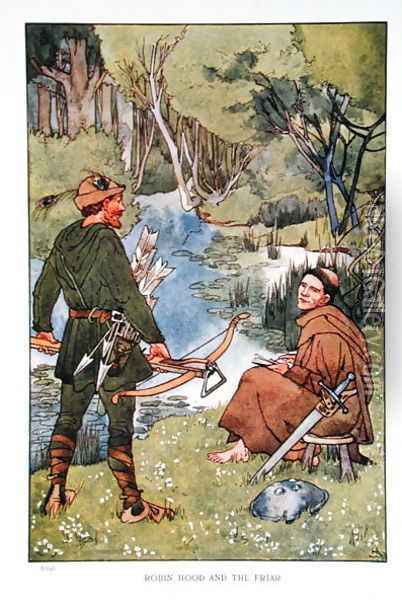 Robin Hood and the Friar, illustration from Heroic Legends by A G Herbertson, London 1911 Oil Painting - Helen Stratton