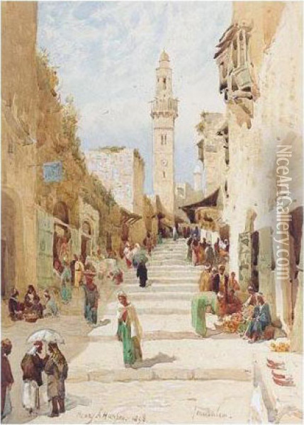 Figures On A Street In Jerusalem Oil Painting - Henry Andrew Harper