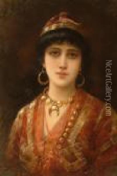 Harem Beauty, Half Length Portrait Of A Young Girl Wearing Ornate Costume And Jewellery Oil Painting - Eisman Semenowsky