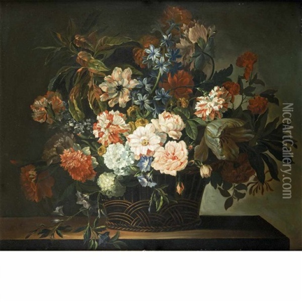 Still Life With Dahlias, Tulips, Carnations And Honeysuckle In A Basket Oil Painting - Jean-Baptiste Monnoyer