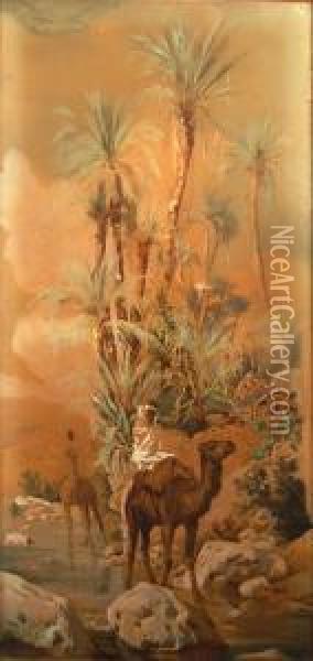 Paesaggio Arabo Con Figure Ecammelli Oil Painting - Friedrich Perlberg