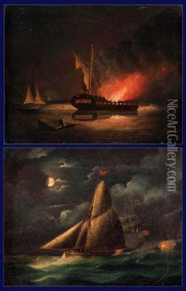 Naval Battle Scenes At Night Oil Painting - Thomas Buttersworth