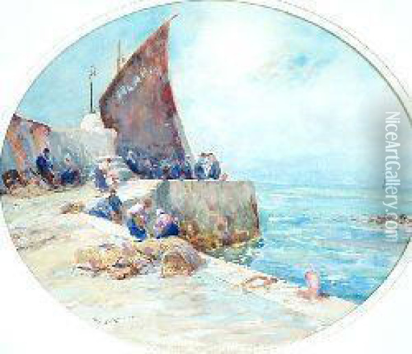 Unloading The Catch, Arbroath Harbour Oil Painting - William Bradley Lamond