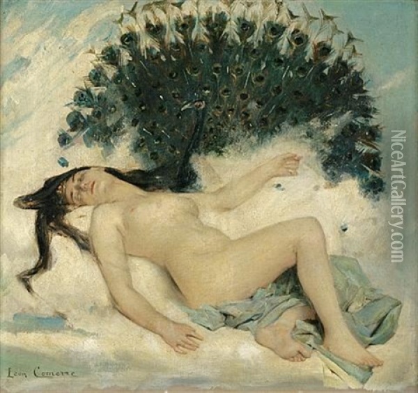 Sleeping Woman With A Peacock Oil Painting - Leon Francois Comerre