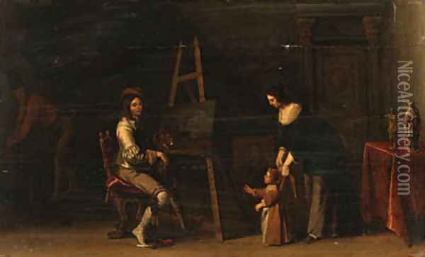An Artist at an Easel with his Family in his Studio Oil Painting - Christoffel Jacobsz van der Lamen