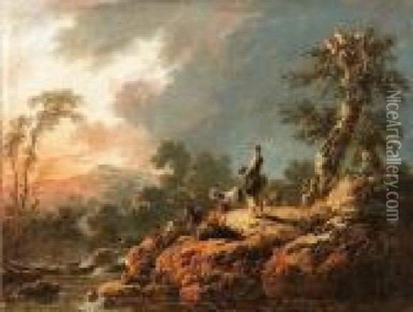 A Rocky River Landscape With A Goatherd And A Peasant Girl On An Outcrop Oil Painting - Jean-Baptiste Pillement