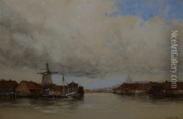A Dutch Canal Scene Oil Painting - Hermanus Jr. Koekkoek