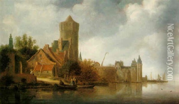 A View Of An Estuary With Figures In A Boat And A Town Beyond Oil Painting - Frans de Hulst