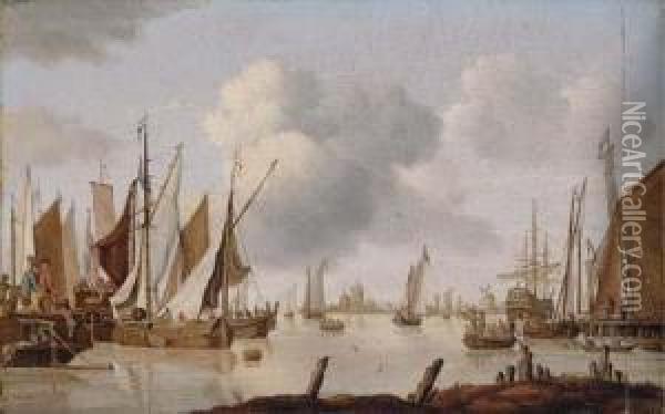 Dutch Shipping Off An Estuary With A Threemaster Oil Painting - Isaac Walraven