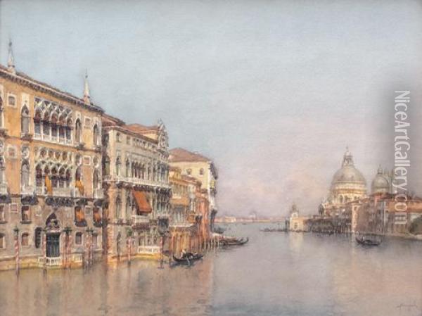 Il Canal Grande Con Veduta Della Basilica Di Santa Maria Della Salute Oil Painting - Emanuele Brugnoli