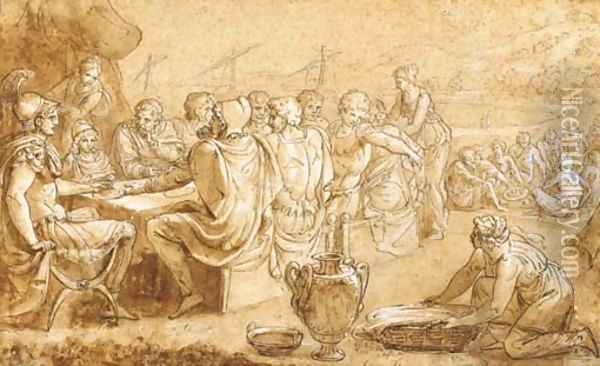 Aeneas and his followers seated around a table Oil Painting - French School