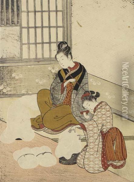 A Beauty Seated Holding A Tobacco-pipe Oil Painting - Suzuki Harunobu