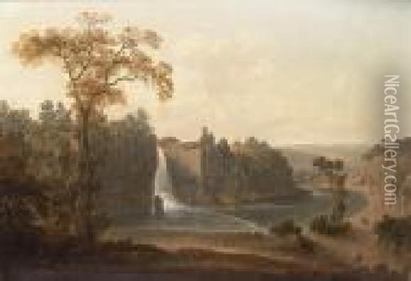A Yorkshire River Landscape With A Waterfall Oil Painting - George Cuitt