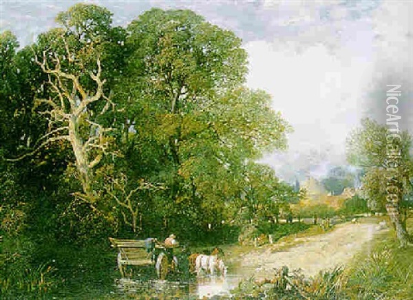 Wagon Horses Watering, A Smallholding Beyond Oil Painting - Samuel Bough