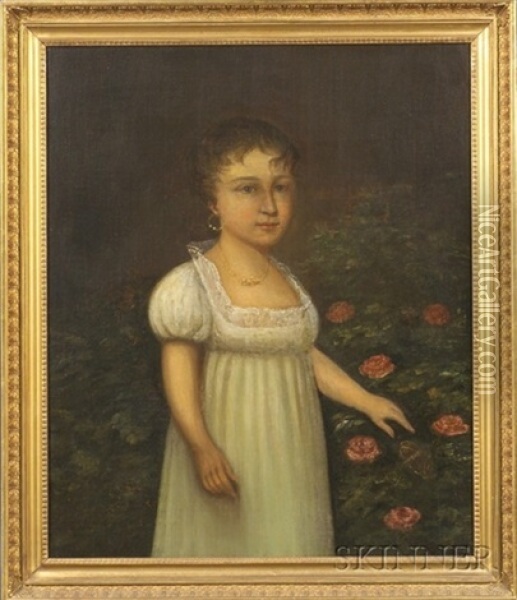 Portrait Of A Young Woman In White Oil Painting - Joshua Johnson