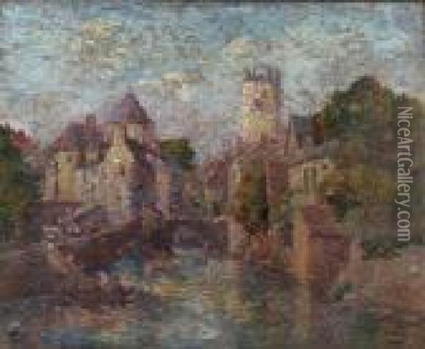 A French Riverside Town Oil Painting - Edmond Marie Petitjean