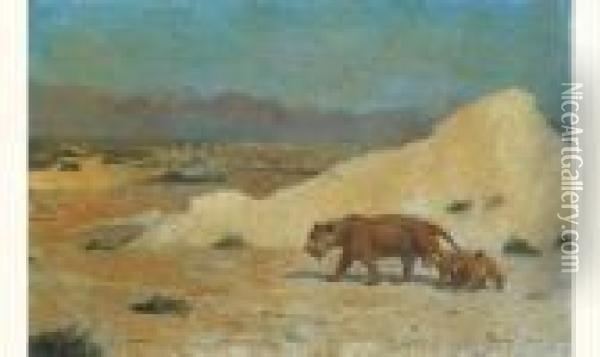 Lionne Et Lionceau Dans Un Paysage Oil Painting - Jean-Leon Gerome