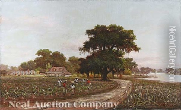 Picking Cotton, Louisiana Plantation Scene Oil Painting - William Henry Buck