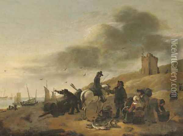 A horseman conversing with fisherfolk on a beach Oil Painting - Egbert van der Poel