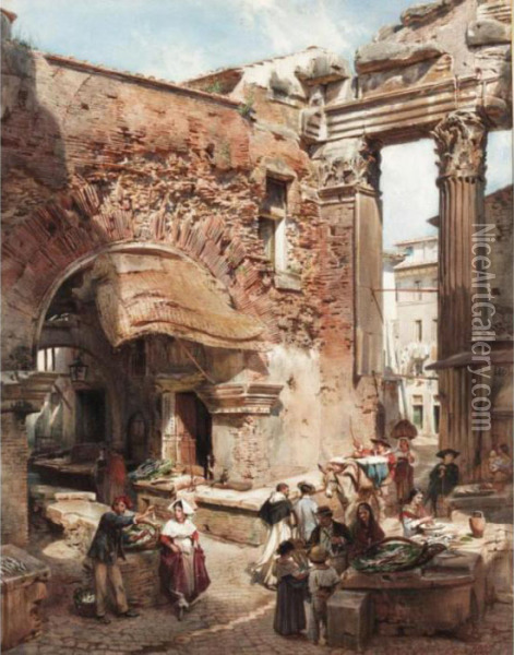 An Italian Market Scene By Roman Ruins; A Church Interior Oil Painting - Ludwig Passini
