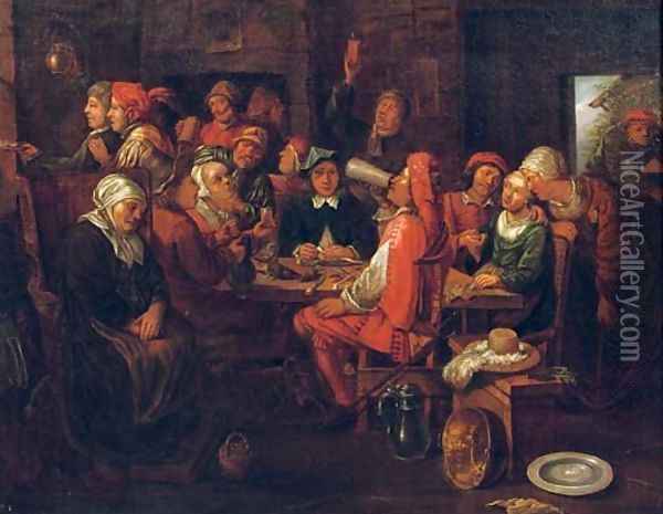 Figures making merry in an inn Oil Painting - Hubert Van Ravesteijn