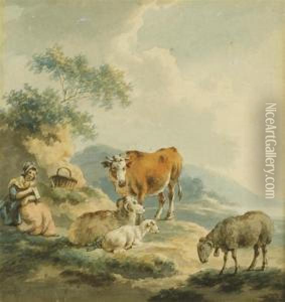 A Young Maiden In A Landscape With Cattle And Sheep Oil Painting - Peter La Cave