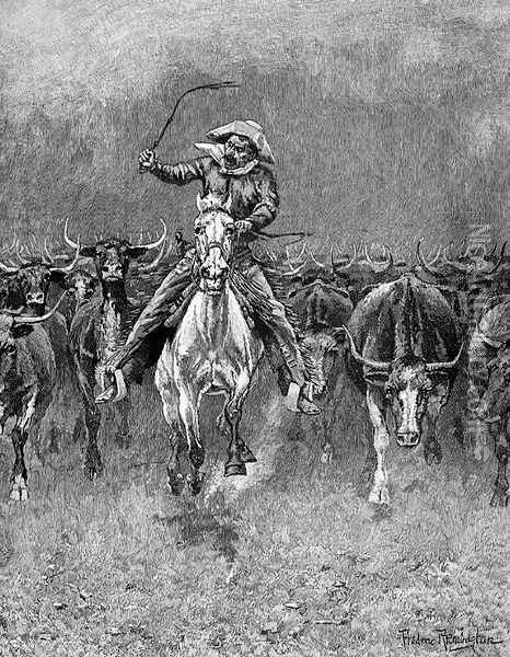In a Stampede Oil Painting - Frederic Remington