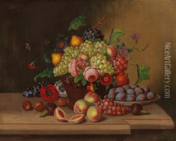 Still Life With Flower And Fruit With Willow Basket Oil Painting - Georg Seitz