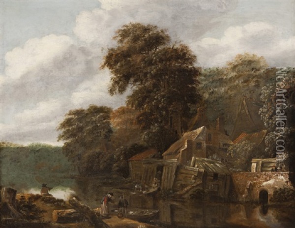 Paisagem Com Casario, Lago E Figuras Oil Painting - Cornelis Gerritsz Decker